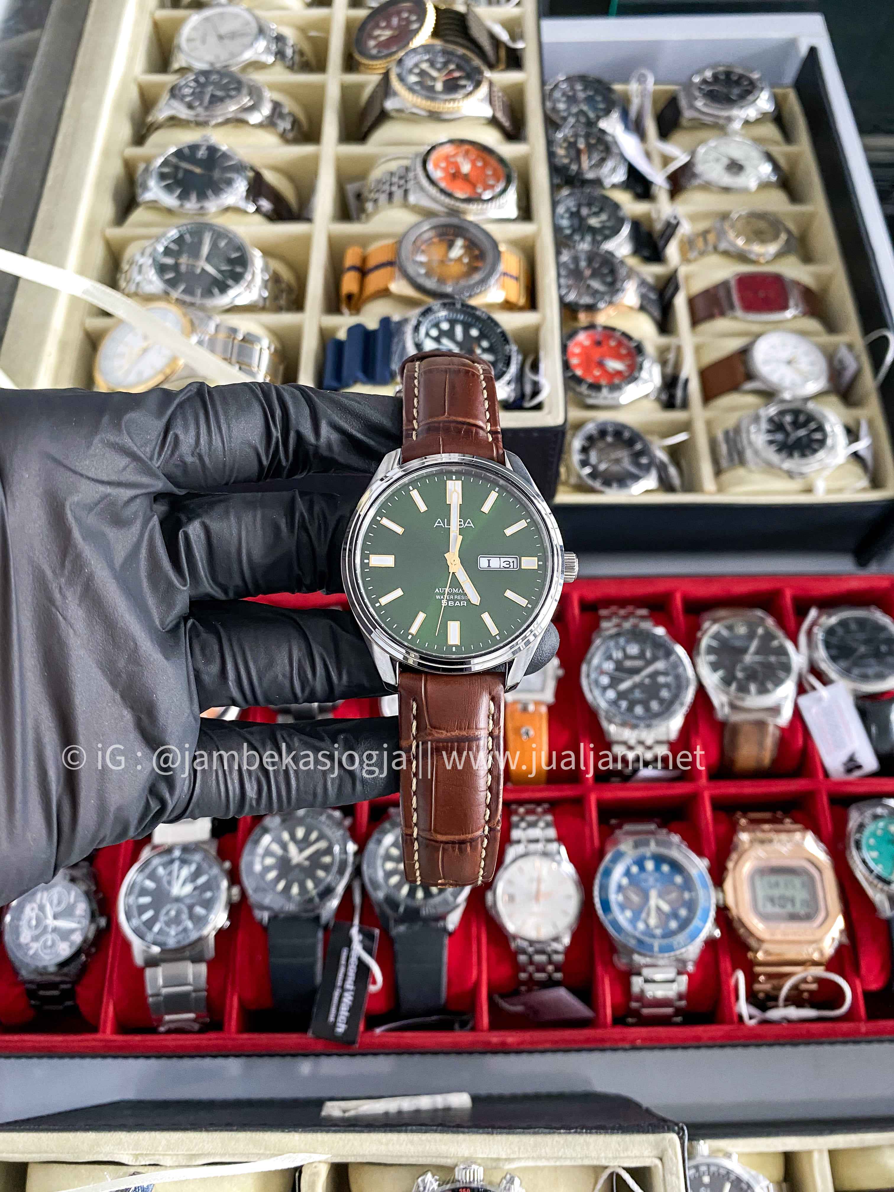 ( SKU 332 ) Alba Mechanical AL4147X1 Men Green Dial  Leather Strap